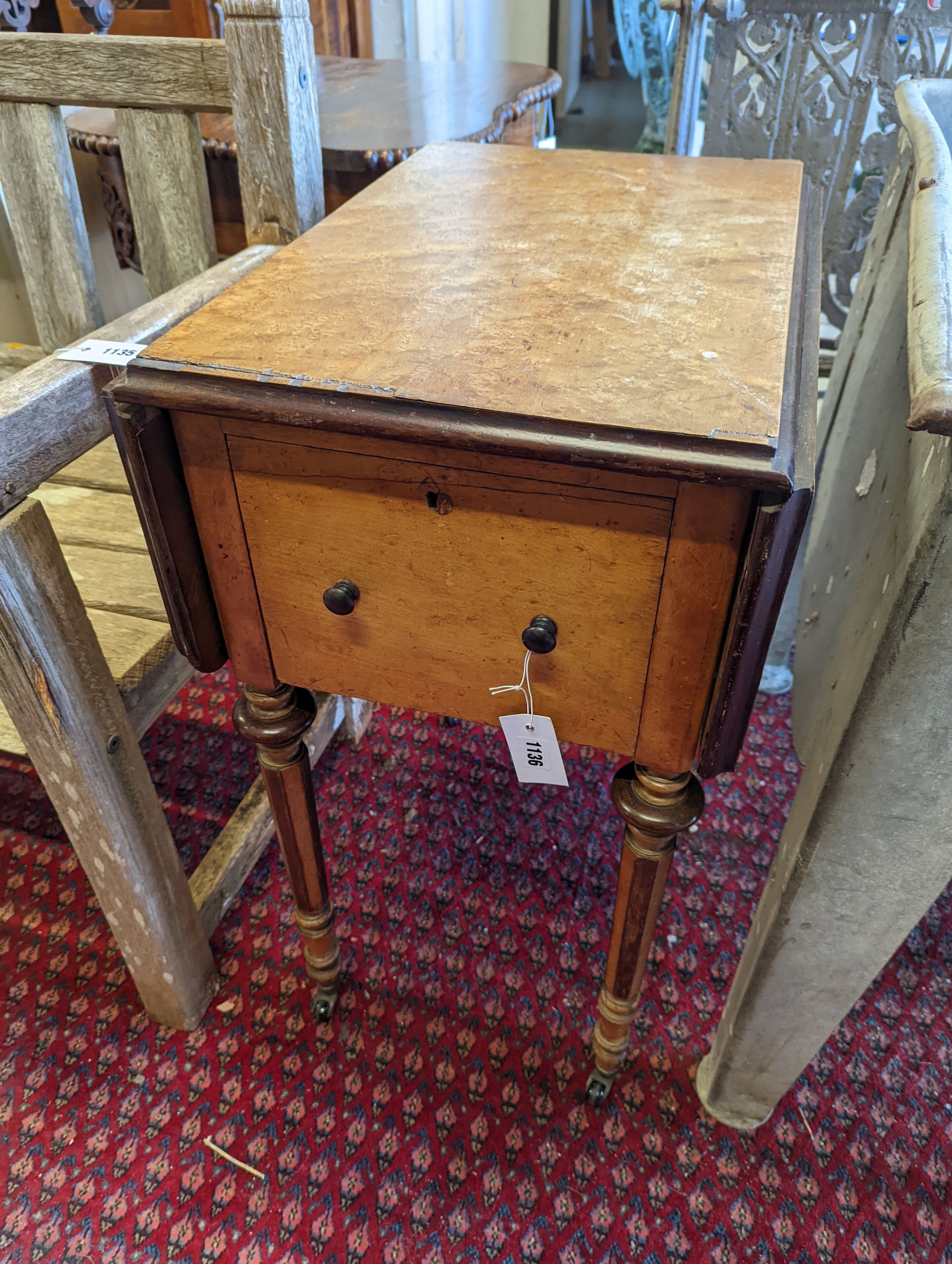 A 19th century Continental bird's eye maple drop flap work table, width 38cm, depth 53cm, height 74cm